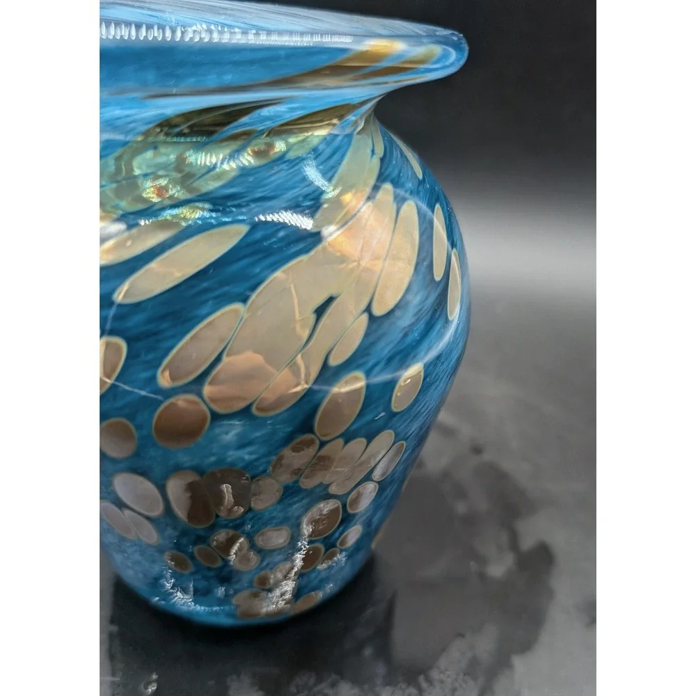 Hand Blown Blue Art Glass Vase Swirl Pebble Pattern Metallic Accents Artisan 6